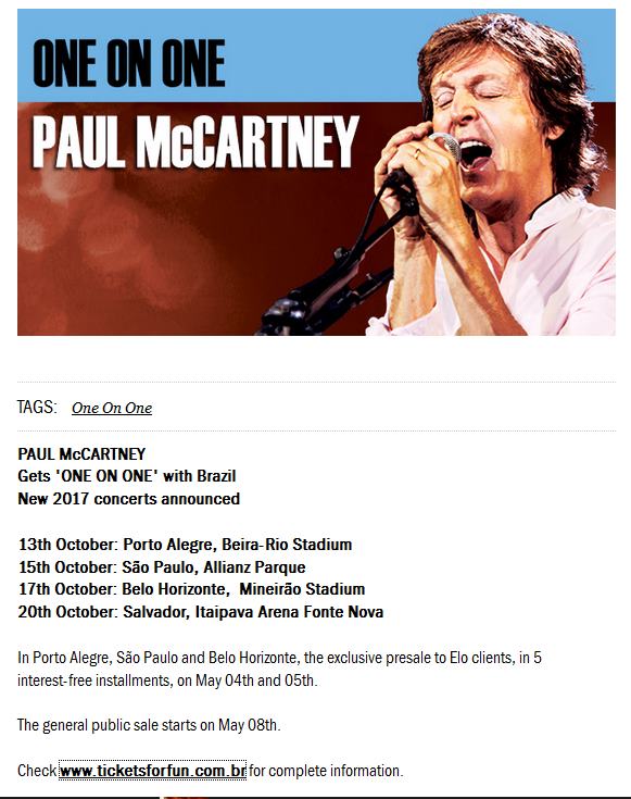 Paul McCartney confirma show em Salvador Tour One on One